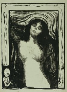 マドンナ、1895-1902年（灰緑色の紙にリト） 作： Edvard Munch